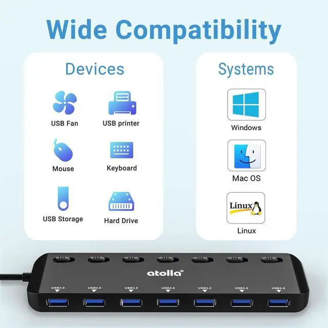 Alt view image 3 of 7 - WRIARICH atolla 7-Port USB 3.0 Hub Splitter, USB Extender Ultra Slim Data USB Hub with Individual Power Switch and LEDs