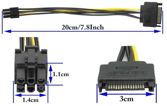 Alt view image 2 of 6 - WRIARICH SATA 15Pin Male to 6Pin Male Graphics Card Power Cord, SATA Powered by Power Supply Cable,15P to 6P Reverse Power Supply Cable
