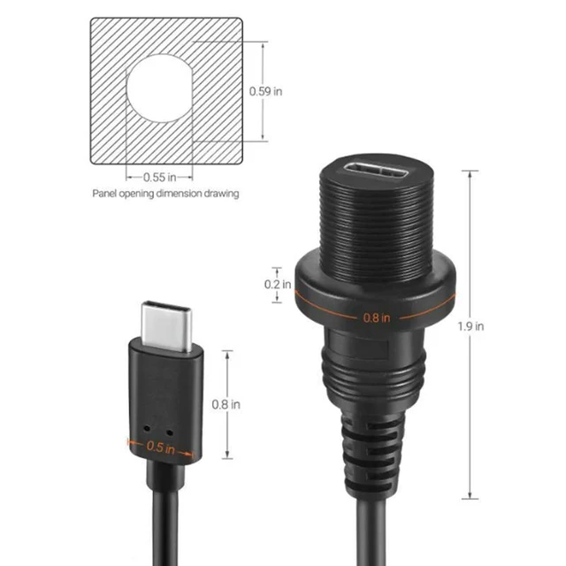 Alt view image 3 of 3 - WRIARICH Type-c USB Male-to-Female 2.0 IP 67 Waterproof USB 3.1 Extension Cable With Panel Mount Connector for Ship, Car, Yacht, 0.3m