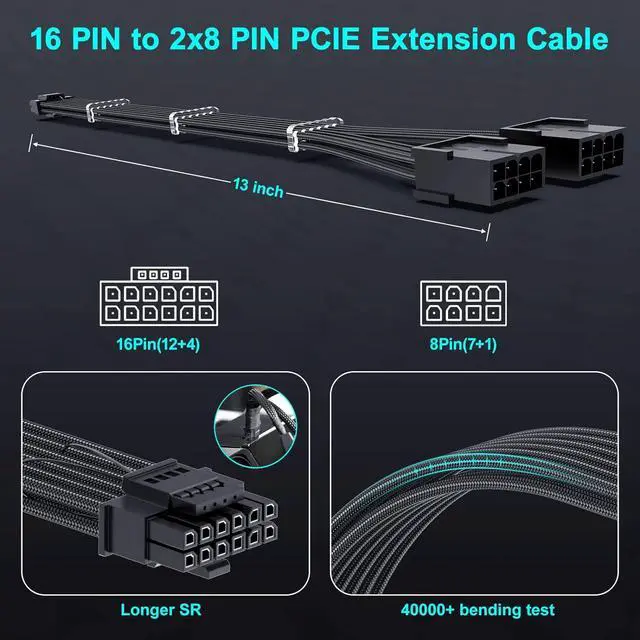 Alt view image 5 of 7 - WRIARICH Bangfun PCIE 5.0 RTX 4070Ti Extension Cable, 16Pin(12+4) Male to 2X8Pin Female PCI-e 5.0 Sleeved Extension Cord 12VHPWR 16Pin GPU Power Cable Designed for Geforce RTX 4070Ti-13Inch Black
