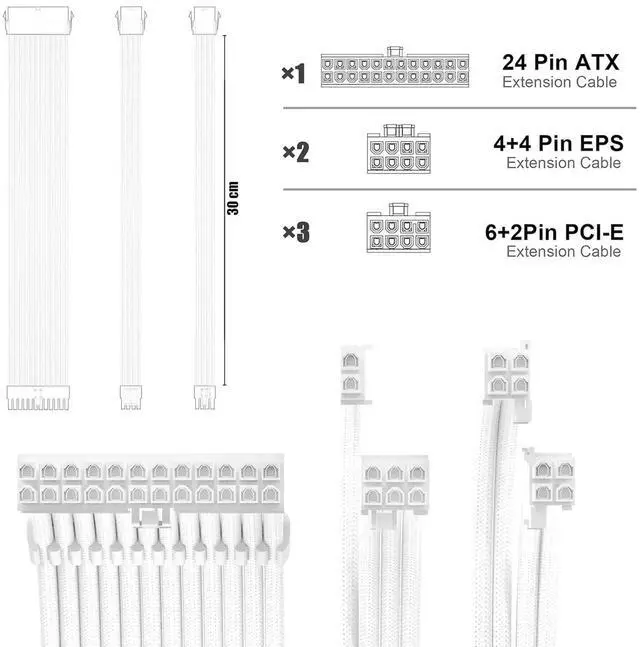 Alt view image 2 of 6 - WRIARICH ABNO1 PSU Cable Extension Kit 30CM Length with Combs,1x24Pin/2x8Pin(4+4) EPS/3x8Pin(6P+2P) PCI-E/PC Sleeved for ATX Power Supply,White, All-White