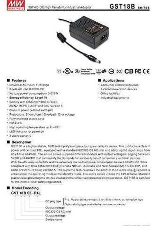 Alt view image 2 of 3 - WRIARICH Desktop Industrial Adapter 18W 18V 1A GST18B18-P1J Meanwell AC-DC SMPS GST18B Series MEAN WELL Switching Power Supply