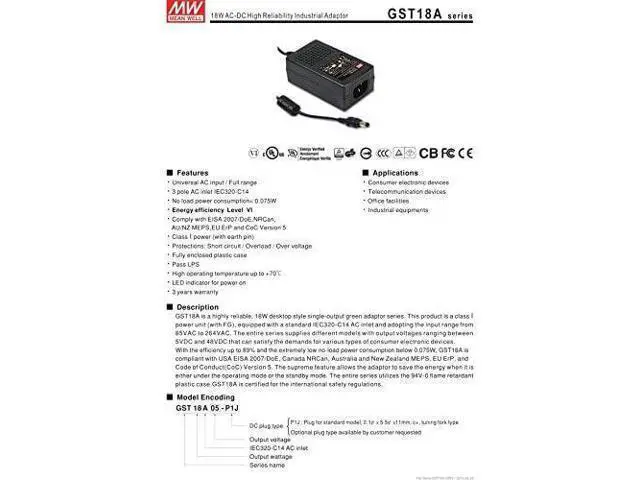 Alt view image 2 of 3 - WRIARICH Desktop Industrial Adapter 15W 5V 3A GST18A05-P1J Meanwell AC-DC SMPS GST18A Series MEAN WELL Switching Power Supply