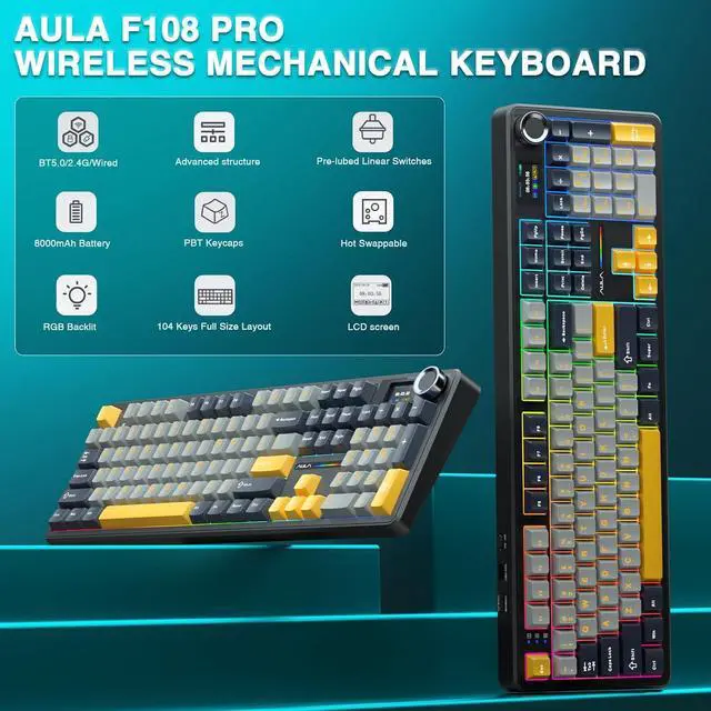 Alt view image 2 of 7 - AULA F108 PRO - Wireless Mechanical Keyboard with Screen&Knob,Hot Swappable Gaming Keyboard with 8000mAh Battery,Pre-lubed Switches,RGB Backlit,PBT Keycaps Creamy Sounding Computer Keyboards,104 Keys