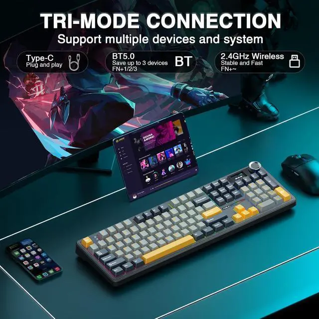 Alt view image 4 of 7 - AULA F108 PRO - Wireless Mechanical Keyboard with Screen&Knob,Hot Swappable Gaming Keyboard with 8000mAh Battery,Pre-lubed Switches,RGB Backlit,PBT Keycaps Creamy Sounding Computer Keyboards,104 Keys