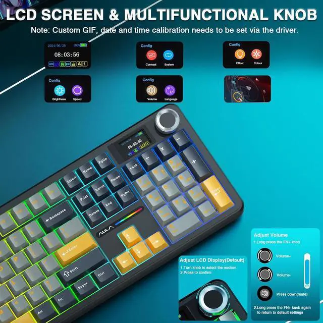 Alt view image 3 of 7 - AULA F108 PRO - Wireless Mechanical Keyboard with Screen&Knob,Hot Swappable Gaming Keyboard with 8000mAh Battery,Pre-lubed Switches,RGB Backlit,PBT Keycaps Creamy Sounding Computer Keyboards,104 Keys