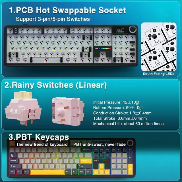 Alt view image 5 of 7 - AULA F108 PRO - Wireless Mechanical Keyboard with Screen&Knob,Hot Swappable Gaming Keyboard with 8000mAh Battery,Pre-lubed Switches,RGB Backlit,PBT Keycaps Creamy Sounding Computer Keyboards,104 Keys