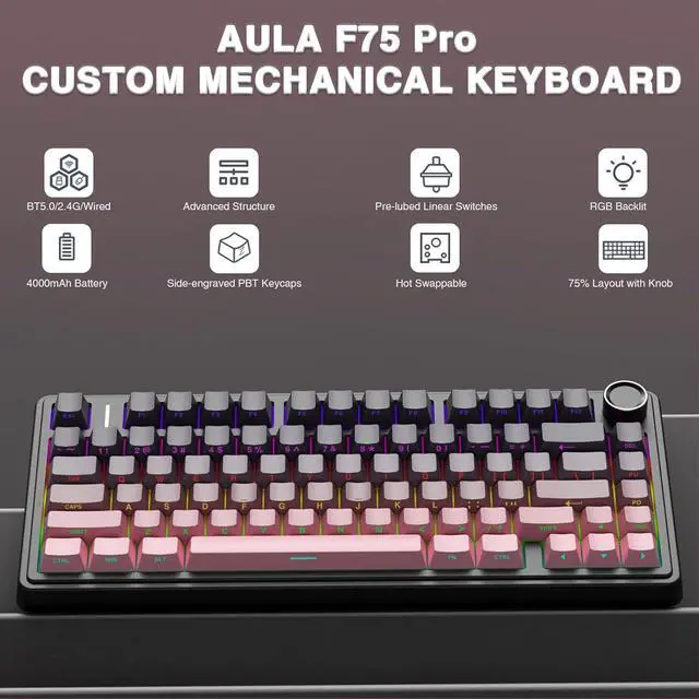 Alt view image 2 of 7 - WRIARICH AULA F75 Pro Wireless Mechanical Keyboard,75% Gasket Hot Swappable Custom Keyboard,RGB Backlit,Pre-lubed Reaper Switches,Side Printed PBT Keycaps Mechanical Gaming Keyboards, Pink&Black