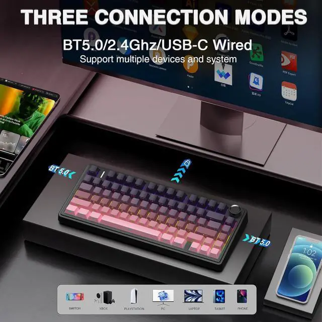 Alt view image 3 of 7 - WRIARICH AULA F75 Pro Wireless Mechanical Keyboard,75% Gasket Hot Swappable Custom Keyboard,RGB Backlit,Pre-lubed Reaper Switches,Side Printed PBT Keycaps Mechanical Gaming Keyboards, Pink&Black