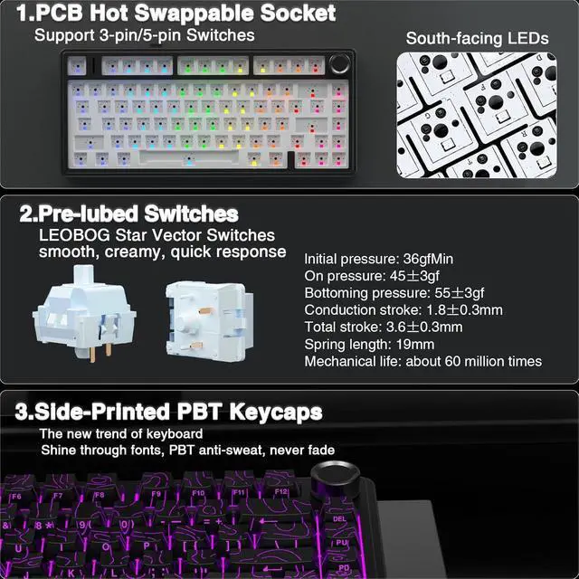 Alt view image 5 of 7 - WRIARICH F75 Pro Wireless Mechanical Keyboard with Knob,75% Hot Swappable Custom Gaming Keyboards,RGB Backlit,Pre-lubed Switches,Side Printed PBT Keycaps Creamy Sounding Computer Keyboard, Line Black