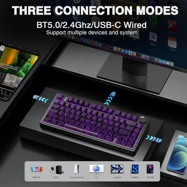 Alt view image 3 of 7 - WRIARICH F75 Pro Wireless Mechanical Keyboard with Knob,75% Hot Swappable Custom Gaming Keyboards,RGB Backlit,Pre-lubed Switches,Side Printed PBT Keycaps Creamy Sounding Computer Keyboard, Line Black