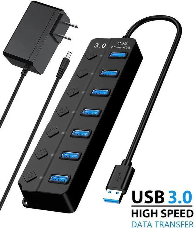 Main image of WRIARICH Black 7-Port USB 3.0 Hub Splitter, 5Gbps High Speed Portable USB Port Expander Universal for Laptop, Desktop PC & Mobile Hard Drives, Model:7IN1HUB