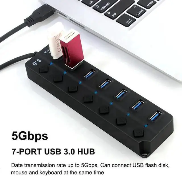 Alt view image 7 of 7 - WRIARICH Black 7-Port USB 3.0 Hub Splitter, 5Gbps High Speed Portable USB Port Expander Universal for Laptop, Desktop PC & Mobile Hard Drives, Model:7IN1HUB