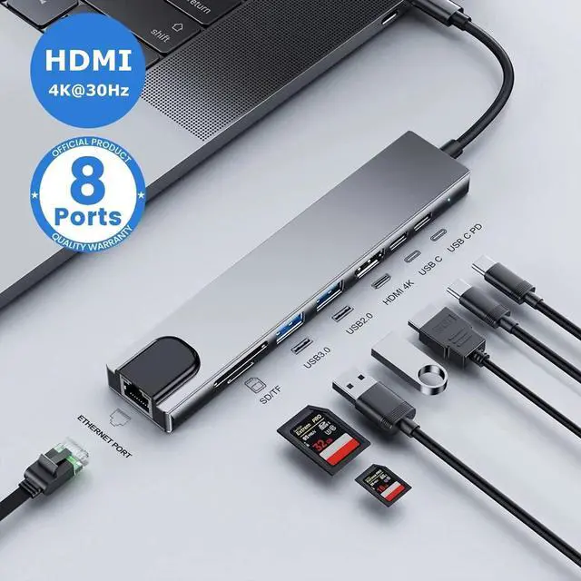 Alt view image 2 of 6 - USB C Hub, 8-in-1 USB C Docking Station for Laptops or Other Type C Devices, with USB C to HDMI, USB C SD Card Reader/Micro SD, USB C to Ethernet Adapter, USB 3.0, USB C Dock / 80W Fast Charging