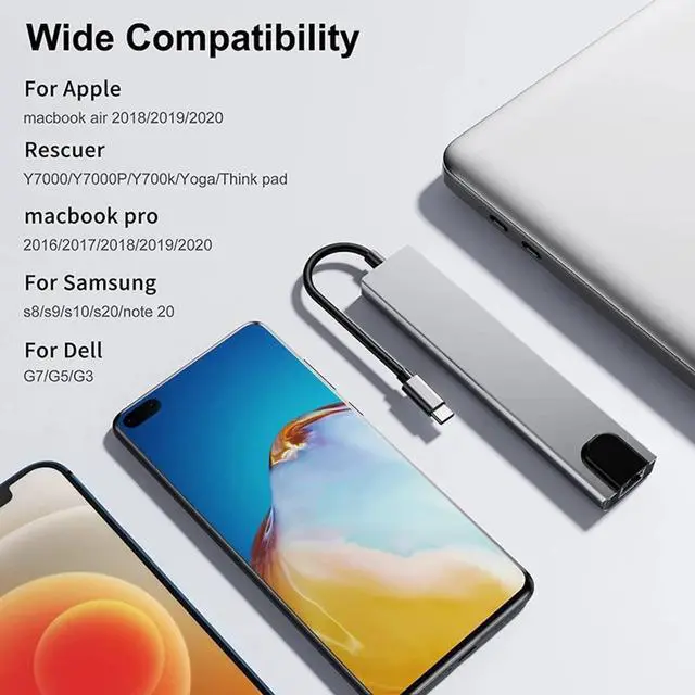 Alt view image 5 of 6 - USB C Hub, 8-in-1 USB C Docking Station for Laptops or Other Type C Devices, with USB C to HDMI, USB C SD Card Reader/Micro SD, USB C to Ethernet Adapter, USB 3.0, USB C Dock / 80W Fast Charging