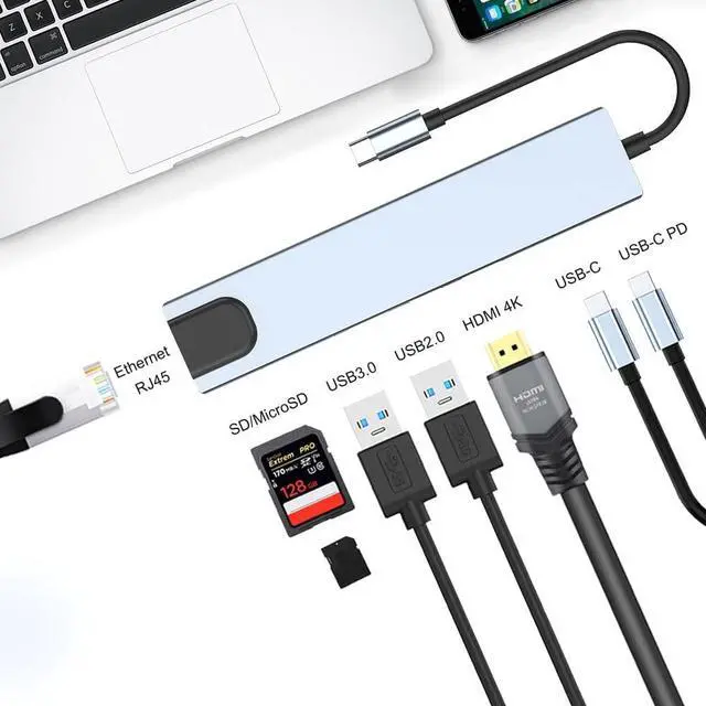 Alt view image 6 of 6 - USB C Hub, 8-in-1 USB C Docking Station for Laptops or Other Type C Devices, with USB C to HDMI, USB C SD Card Reader/Micro SD, USB C to Ethernet Adapter, USB 3.0, USB C Dock / 80W Fast Charging
