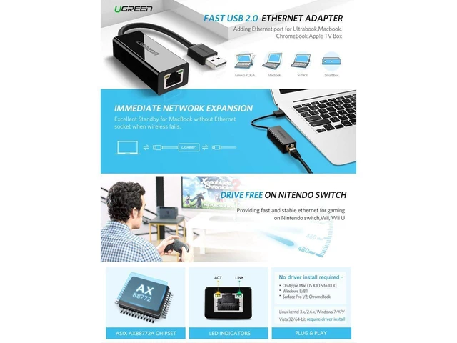 Alt view image 7 of 7 - Vszerda Ethernet Adapter USB 2.0 to 10/100 Network RJ45 Lan Wired Adapter for Nintendo Switch,Wii,Wii U,Macbook,Chromebook,Windows 10,8.1,Mac OS, Surface Pro, Linux ASIX AX88772 Chipset (White)