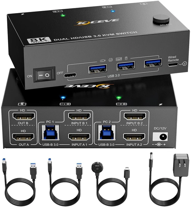 Main image of WRIARICH 8K KVM Switch 2 Computers 2 Monitors, KCEVE Dual Monitor USB 3.0 HDMI KVM Switcher Box, Support 7680x4320@60Hz, 3840x2160@120Hz Resolution for 2 Computers Share Mouse Keyboard and Monitor