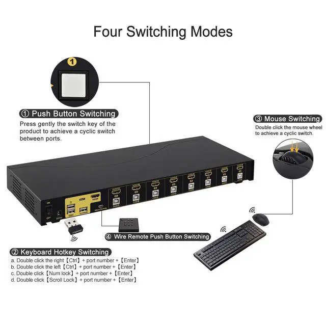 Alt view image 5 of 5 - WRIARICHCKLau 4Kx2K 8 Port HDMI KVM Switch with Cables and USB 2.0 Hub, Rack Mount KVM Switch Supports Keyboard Mouse Switching for Windows, Linux, Mac, Debian, Ubuntu, Fedora, Raspberry Pi and Ubuntu