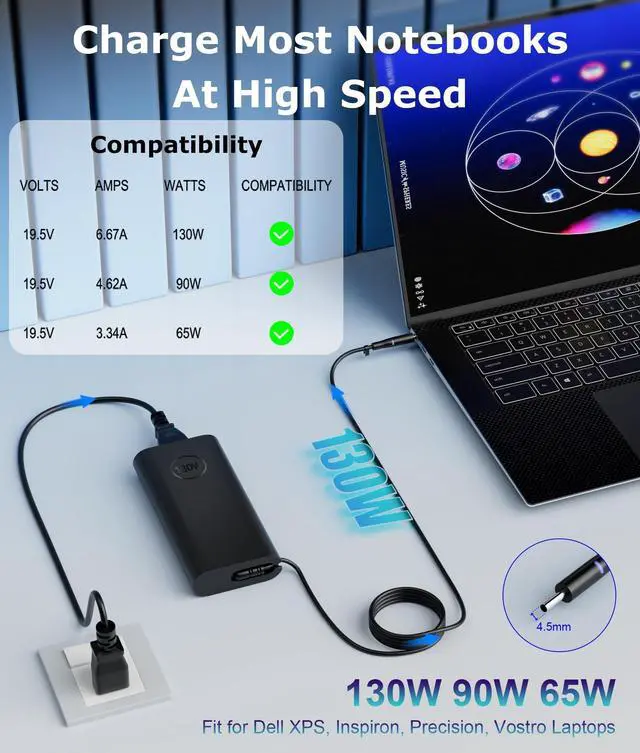 Alt view image 2 of 5 - 130W 4.5mm Round Tip AC Adapter Laptop Charger Replacement for Dell XPS 15 7590 9530 9550 9560 9570 Precision 5510 5520 5530 5540 M3800 0V363H HA130PM130 DA130PM130 06TTY6 0RN7NW Power Supply Cord