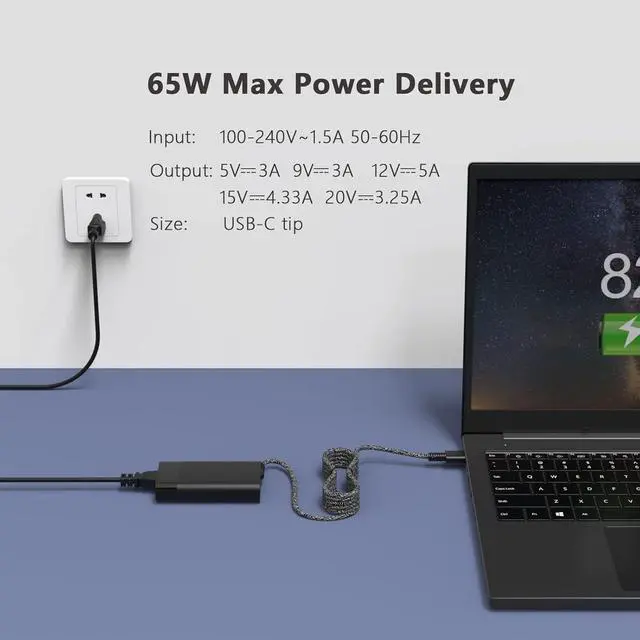 Alt view image 4 of 5 - 65W USB C Laptop Charger Compatible with HP AI Omnibook X 14-fe0087nr fe0097nr fe0058nr fe0057nr fe0000na Omnibook Ultra 14t-fh000 fd0087nr Flip 2 in 1 14t-fh000 Business Laptop Power Adapter Cord