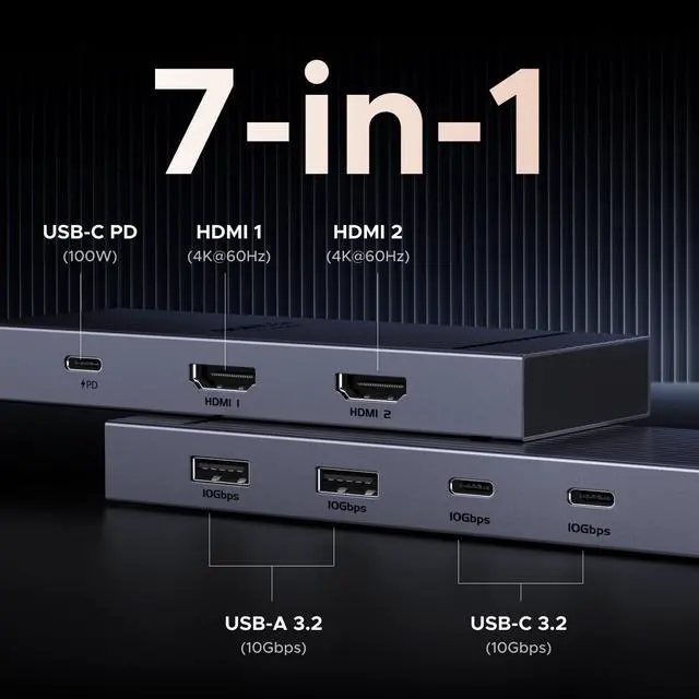 Alt view image 2 of 5 - WRIARICH Revodok Pro 7 in 1 Docking Station Dual Monitor, USB C Hub Dual 4K@60Hz HDMI Display, 10Gbps USB-A/C Data Ports, 100W PD, Aluminum Laptop Docking Station for HP, Thinkpad, Dell and More