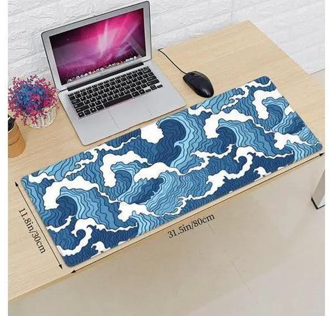 Alt view image 3 of 7 - WRIARICH Japanese Blue and White Wave Gaming Mouse Pad XL Large Non Slip Rubber Mousepad Stitched Edges Desk Pad Long Extended Mice Pad 31.5 X 11.8