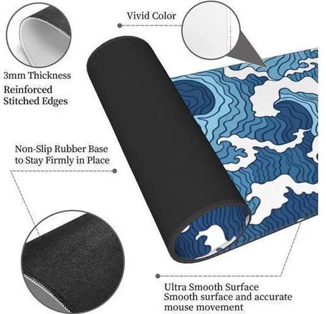 Alt view image 4 of 7 - WRIARICH Japanese Blue and White Wave Gaming Mouse Pad XL Large Non Slip Rubber Mousepad Stitched Edges Desk Pad Long Extended Mice Pad 31.5 X 11.8