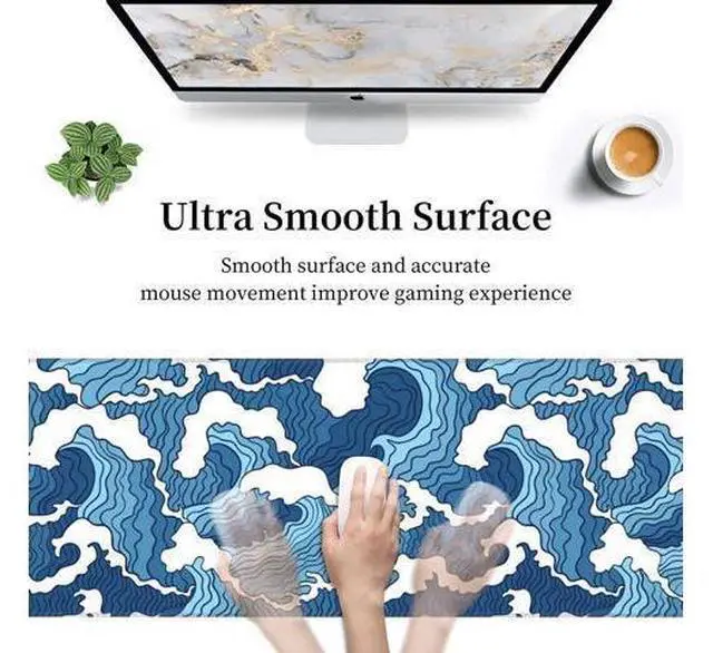 Alt view image 5 of 7 - WRIARICH Japanese Blue and White Wave Gaming Mouse Pad XL Large Non Slip Rubber Mousepad Stitched Edges Desk Pad Long Extended Mice Pad 31.5 X 11.8