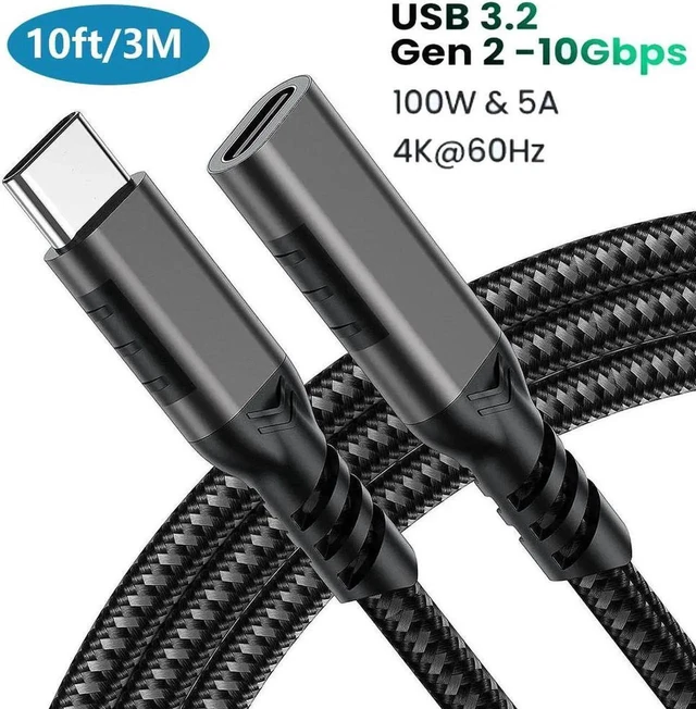 Main image of WRIARICH 3M/10FT Nylon Braided USB-C Extension Cable Male to Female, USB 3.2 Gen2 Extender Cord Support 10Gbps Data, 100W PD Fast Charging, 4K@60Hz Video for MacBook, Laptops & Phones