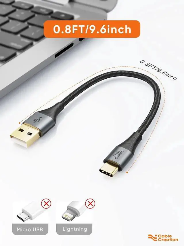 Alt view image 6 of 7 - WRIARICH 0.2m Braided Short USB to USB-C Cable, 0.8ft Charging Cord Compatible with Car CarPlay, Galaxy Series, MacBook, iPad mini 6 & iPad Pro 2020