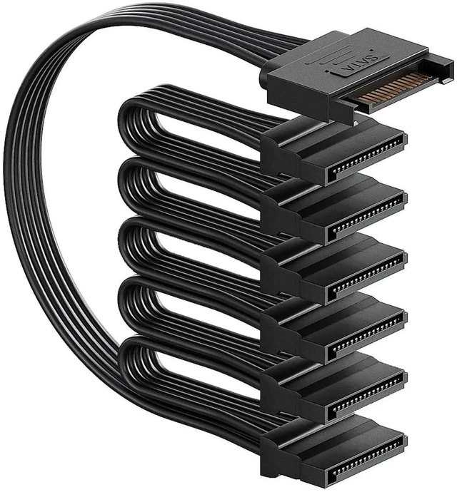 Main image of WRIARICH 15 Pin SATA Male to 6-Port SATA Female Power Splitter Cable, Black Multi-Way SATA Power Extension Cord for HDD, SSD & Optical Drives