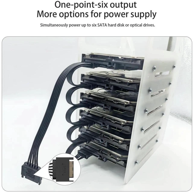 Alt view image 5 of 7 - WRIARICH 15 Pin SATA Male to 6-Port SATA Female Power Splitter Cable, Black Multi-Way SATA Power Extension Cord for HDD, SSD & Optical Drives