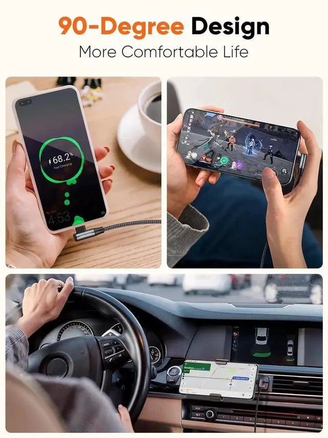 Alt view image 2 of 7 - WRIARICH 1.6FT Right Angle USB-C Cable, 90 Degree Nylon Braided 3A Charging Cord for Car CarPlay, iPhone 15, Galaxy S24, MacBook, iPad & Switch