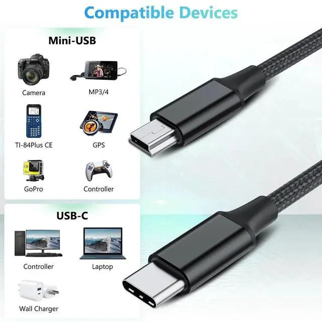 Alt view image 2 of 7 - WRIARICH 5FT Braided USB-C to Mini USB Cable, 480Mbps OTG Charging Cord for Camera, PS3 Controller, Dash Cam, Ti-84 Plus