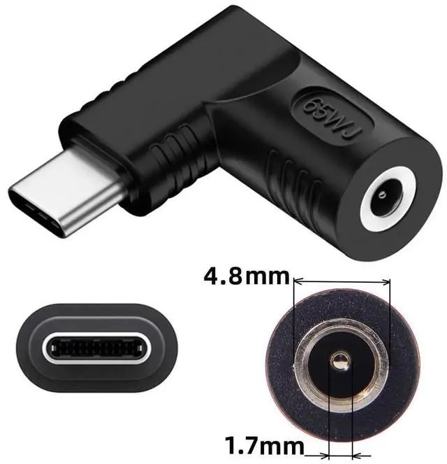 Alt view image 7 of 7 - WRIARICH 90 Degree Right Angled DC 4.8x1.7mm Jack to USB-C Power Charging Adapter, 20V Input Max 65W PD Charger Converter for Laptops Notebooks
