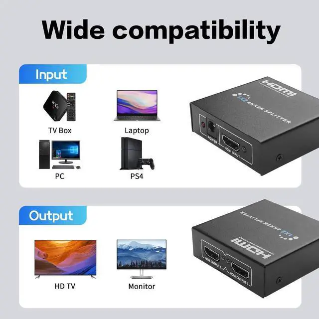 Alt view image 2 of 6 - WRIARICH YACSEJAO 1x2 Powered HDMI Splitter 1 in 2 Out, 4K HDMI Splitter Duplicates One Source to Two Identical Displays for Dual Monitors