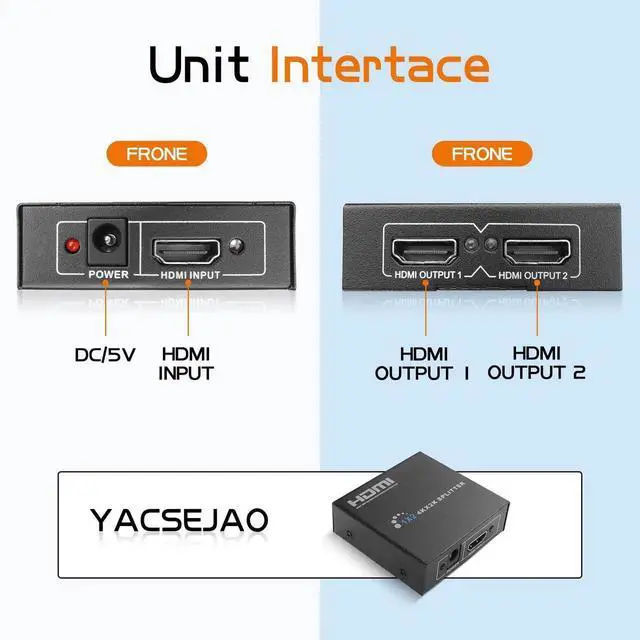 Alt view image 5 of 6 - WRIARICH YACSEJAO 1x2 Powered HDMI Splitter 1 in 2 Out, 4K HDMI Splitter Duplicates One Source to Two Identical Displays for Dual Monitors