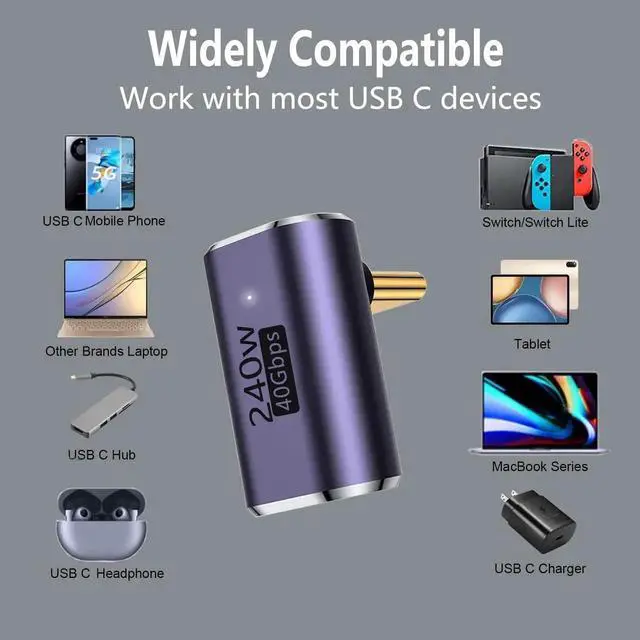 Alt view image 6 of 6 - 2 Pack 90 Degree Right Angle USB-C Adapter, 40Gbps Data, 240W PD Fast Charging & 8K@60Hz Video Elbow Converter, Compatible with MacBook Pro/Air, Steam Deck, Switch, VR Headsets & All USB-C Devices