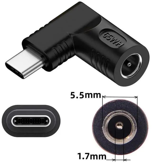 Alt view image 5 of 7 - WRIARICH 90 Degree Right Angle DC 5.5x1.7mm 20V Input to USB-C Output Power Adapter, 65W PD Fast Charging Converter Plug for Laptops, Phones and All USB-C Devices