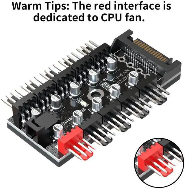 Alt view image 4 of 7 - WRIARICH 1-to-10 PWM Fan Hub, 12V 4Pin Splitter Powered by SATA, PC Chassis Fan Extension Cable