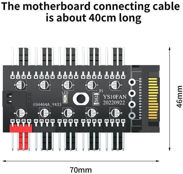 Alt view image 6 of 7 - WRIARICH 1-to-10 PWM Fan Hub, 12V 4Pin Splitter Powered by SATA, PC Chassis Fan Extension Cable