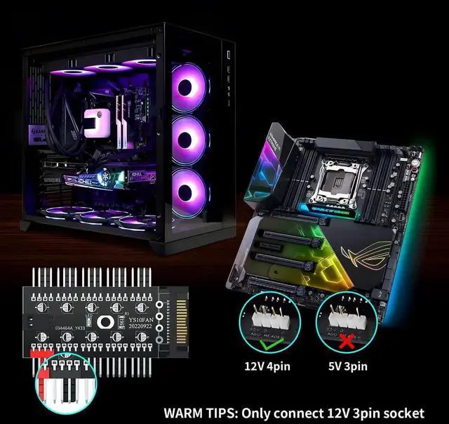 Alt view image 7 of 7 - WRIARICH 1-to-10 PWM Fan Hub, 12V 4Pin Splitter Powered by SATA, PC Chassis Fan Extension Cable