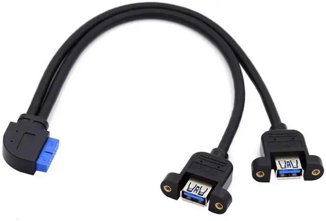 Main image of WRIARICH 30cm 90 Degree Right Angled 2-Port USB 3.0 Female to 20Pin Male Cable, Screw Mount Front Panel Cable for Motherboard