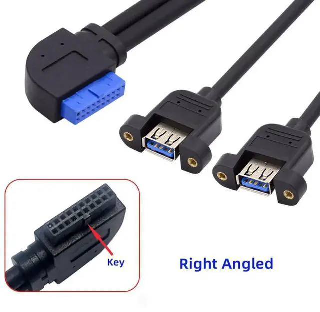 Alt view image 7 of 7 - WRIARICH 30cm 90 Degree Right Angled 2-Port USB 3.0 Female to 20Pin Male Cable, Screw Mount Front Panel Cable for Motherboard