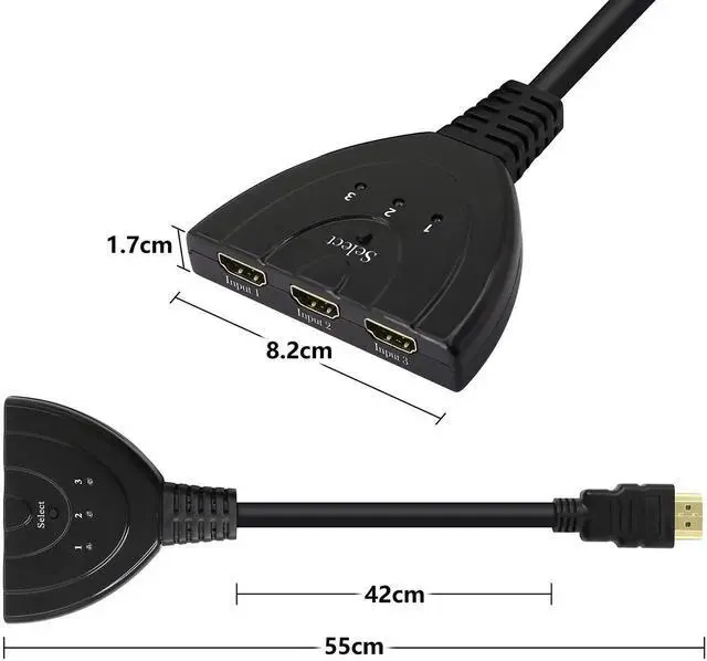 Alt view image 3 of 6 - WRIARICH 3 in 1 Out Manual HDMI Switch with HDMI Cable, 3 Port 1080P HDMI Switcher Splitter, Plug and Play