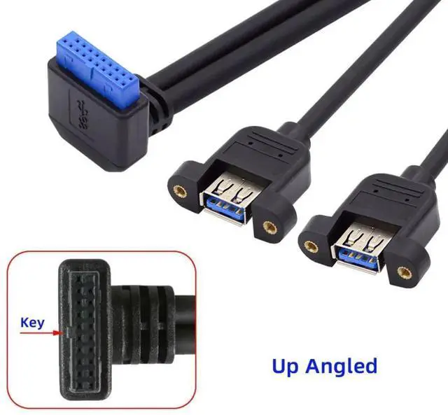 Alt view image 5 of 7 - WRIARICH 30cm 90° Up Angled USB 3.0 Front Panel Cable, 2 Ports USB 3.0 Female to Motherboard 20Pin Male Cord with Screw Mount