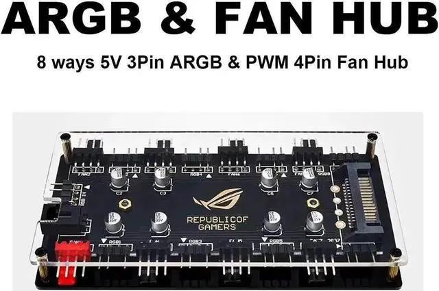 Alt view image 3 of 5 - WRIARICH 2-in-1 8-Port PWM Fan & 5V 3Pin ARGB Hub, SATA Powered PCB Splitter with PMMA Case