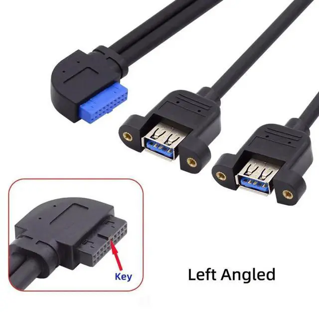 Alt view image 2 of 7 - WRIARICH 30cm 90 Degree Left Angled 2 Ports USB 3.0 Female to 20Pin Male Cable, Screw Mount Front Panel Cord for Motherboard