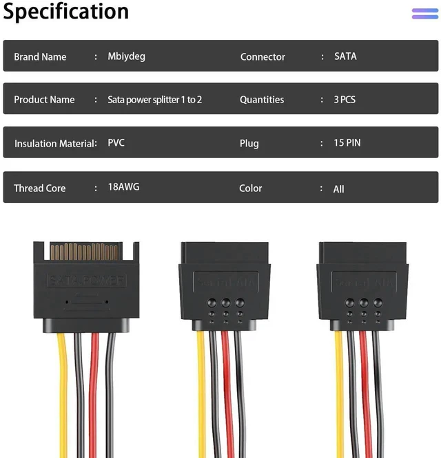 Alt view image 4 of 7 - WRIARICH 3 Pack 8 Inch 15Pin SATA Power Y Splitter Cables, SATA Male to Dual Female Power Extension Cord for Storage Drives